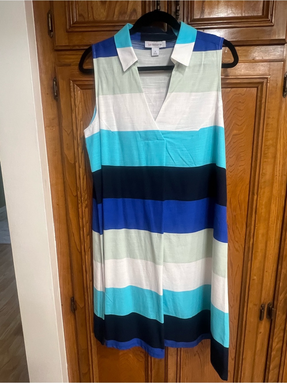 Liz Claiborne Sleeveless Midi Dress in Teal, Blue, Black & White Stripes